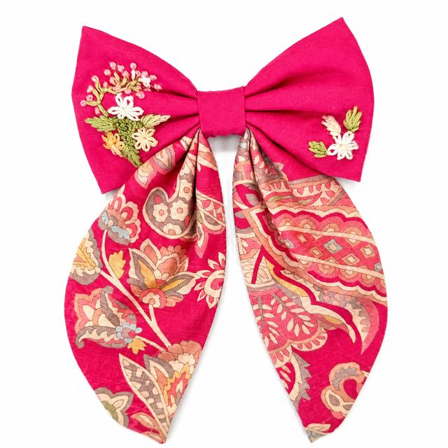 Fuschia Floral Paisley Embroidered Bow